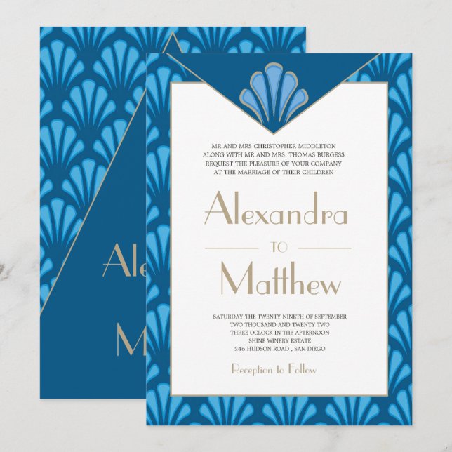 Art Deco Wedding Blue Roaring 20 Vintag Einladung (Vorne/Hinten)