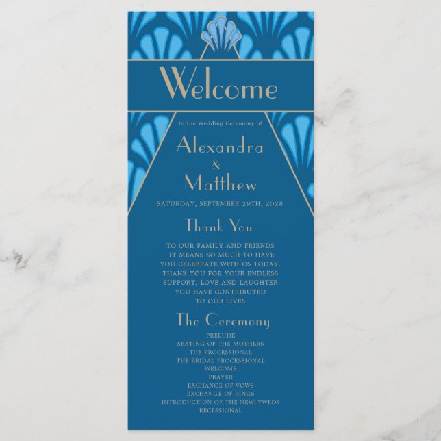 Art Deco Wedding Blue Roaring 20 Vintag Programm (Vorderseite)