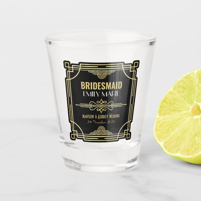 Art Deco Wedding Bridesmaid Gold Black Fevor 1920e Schnapsglas (Vorderseite)