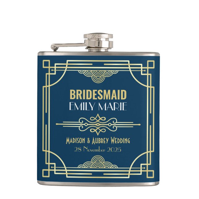 Art Deco Wedding Bridesmaid Gold Blue Gefallen 192 Flachmann (Vorderseite)