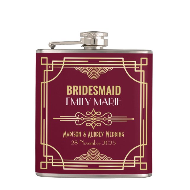 Art Deco Wedding Bridesmaid Gold Burgundy Gefallen Flachmann (Vorderseite)