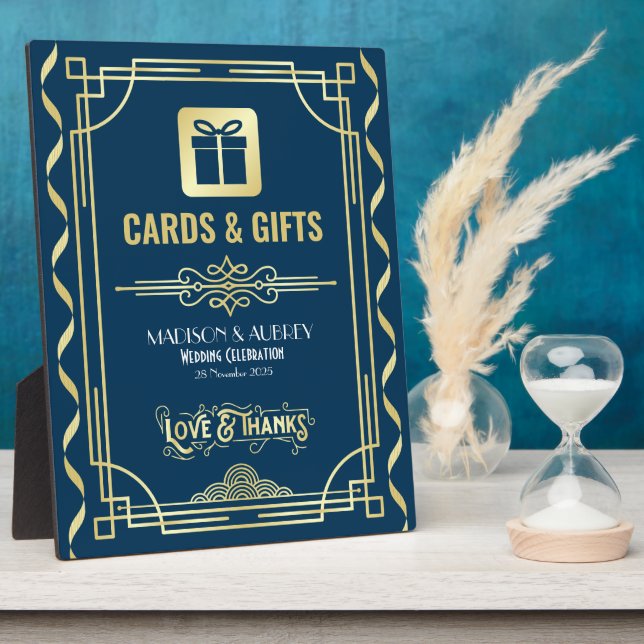 Art Deco Wedding Cards & Gifts Gold Blue Sign Fotoplatte (Seite)