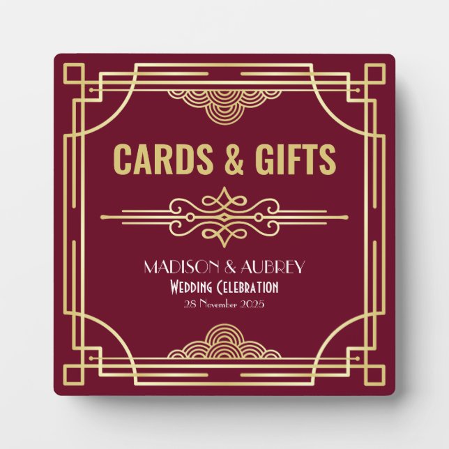 Art Deco Wedding Cards & Gifts Gold Burgundy Zeich Fotoplatte (Vorderseite)