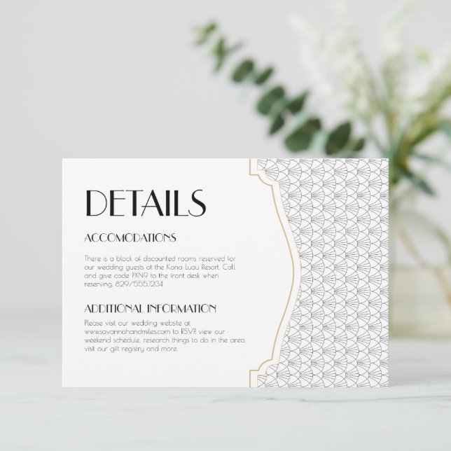 Art Deco Wedding Details Card Beilage Dankeskarte (Stehend Vorderseite)