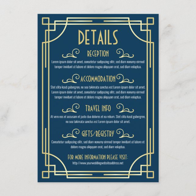 Art Deco Wedding Details Karte Informationen (Vorderseite)
