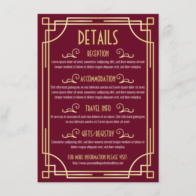 Art Deco Wedding Details Karte Informationen (Vorderseite)