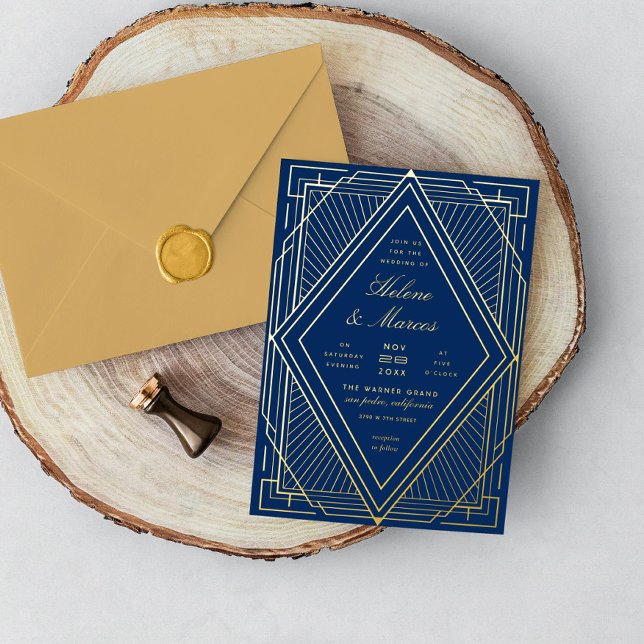 Art Deco Wedding Diamond Navy und Gold Folieneinladung (Von Creator hochgeladen)
