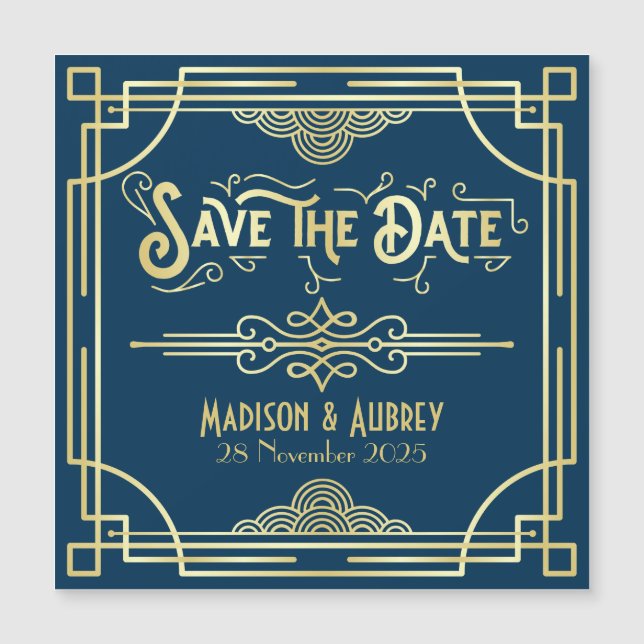 Art Deco Wedding Elegante Gold Blue Save the Date Magnetkarte (Vorderseite)