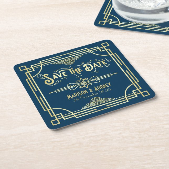 Art Deco Wedding Elegante Gold Blue Save the Date Rechteckiger Pappuntersetzer (angewinkelt)
