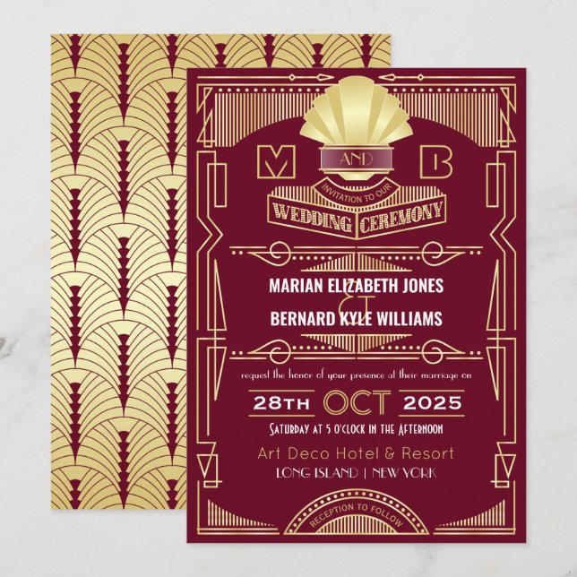 Art Deco Wedding Elegante Gold Burgundy Gatsby Einladung (Vorne/Hinten)