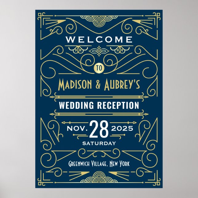 Art Deco Wedding Empfang Gold Blue Begrüßungszeich Poster (Vorne)