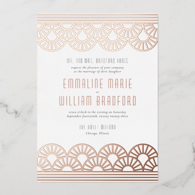 Art Deco Wedding Fan White Rose Gold Folieneinladung (Vorderseite)