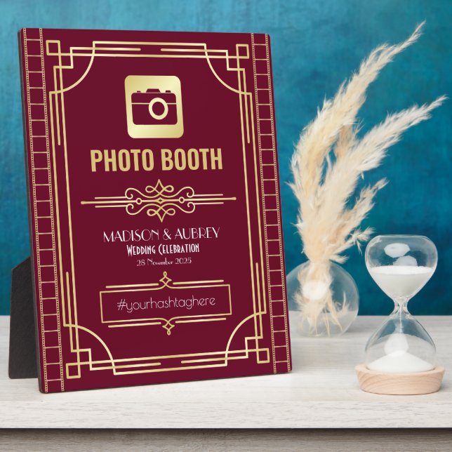 Art Deco Wedding Foto Stand Gold Burgundy Sign Fotoplatte (Seite)