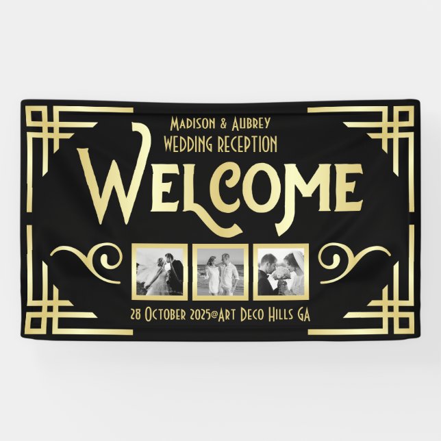 Art Deco Wedding Gold Black Drei Foto Willkommen Banner (Horizontal)
