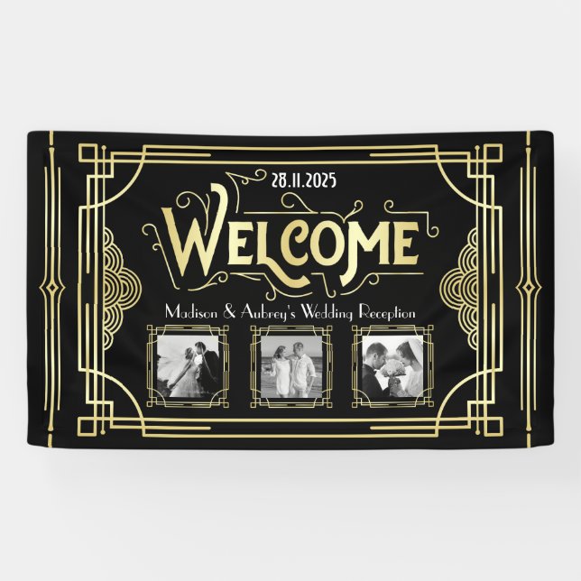 Art Deco Wedding Gold Black Gatsby Foto Willkommen Banner (Horizontal)