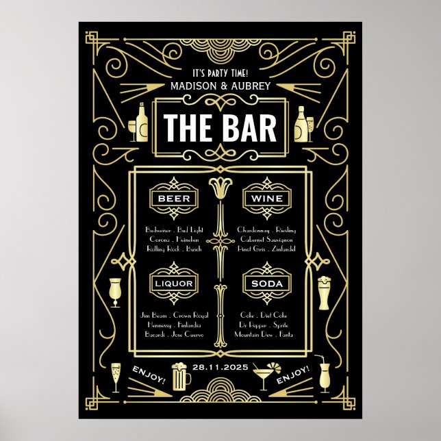 Art Deco Wedding Gold Black Great Gatsby Bar Menu Poster (Vorne)