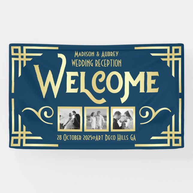 Art Deco Wedding Gold Blue Drei Foto Willkommen Banner (Horizontal)