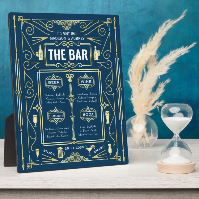 Art Deco Wedding Gold Blue Open Bar Menü Fotoplatte (Seite)