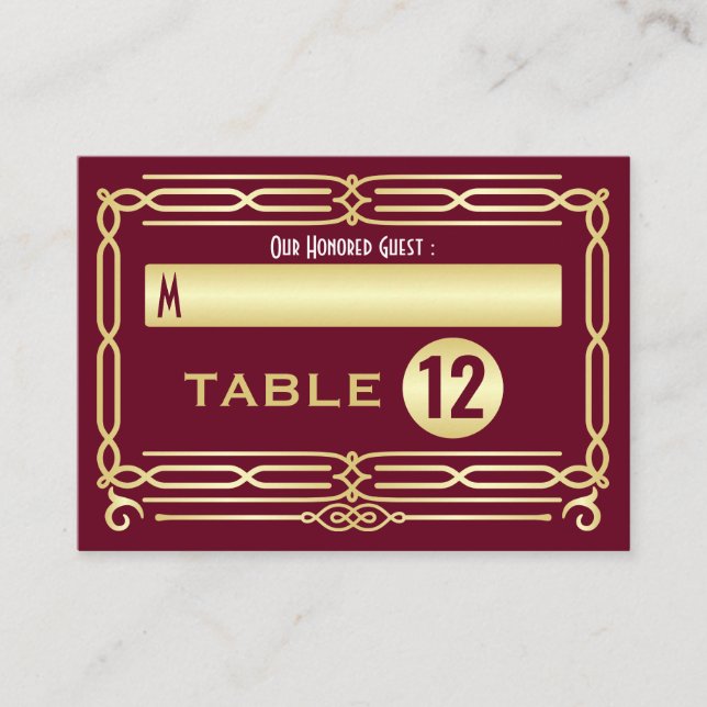 Art Deco Wedding Gold Burgundy Einstellung Escort Platzkarte (Vorderseite)