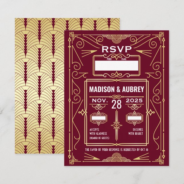 Art Deco Wedding Gold Burgundy UAWG Response Einladung (Vorne/Hinten)