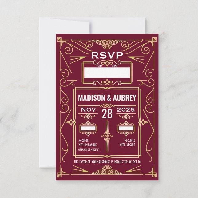 Art Deco Wedding Gold Burgundy UAWG Response RSVP Karte (Vorderseite)