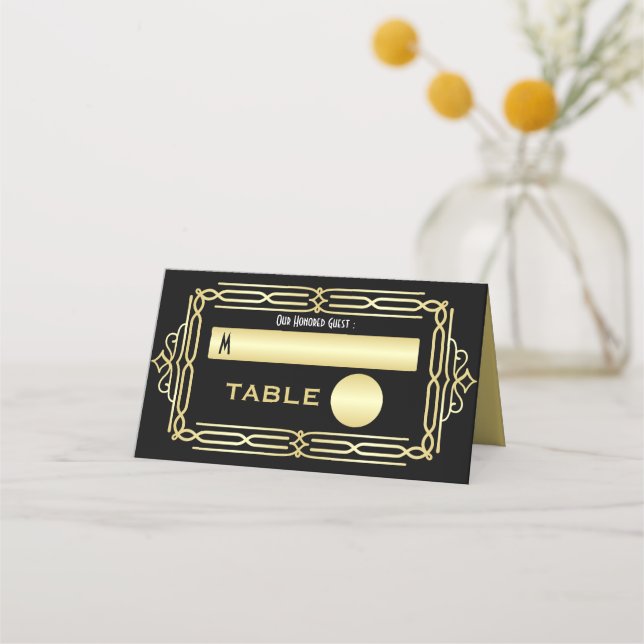 Art Déco Wedding Gold Schwarze Elegante Gastgeber Platzkarte (Vorderseite)