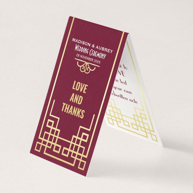 Art Deco Wedding Liebe & Dank Gold Burgundy Gefall (Vorderseite)