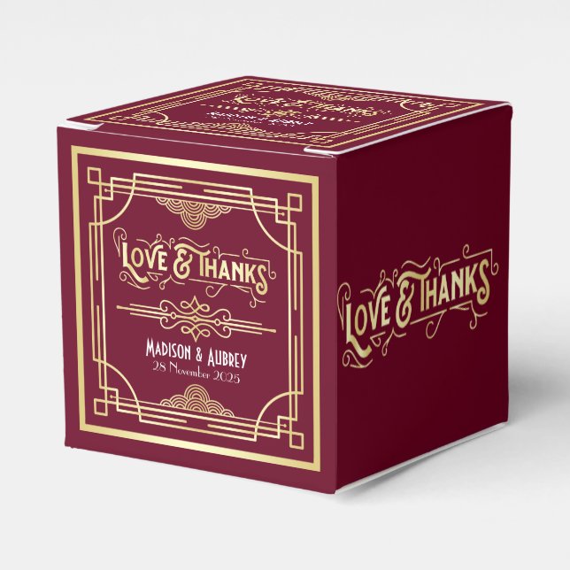 Art Deco Wedding Liebe & Dank Gold Burgundy Gefall Geschenkschachtel (Vorderseite)