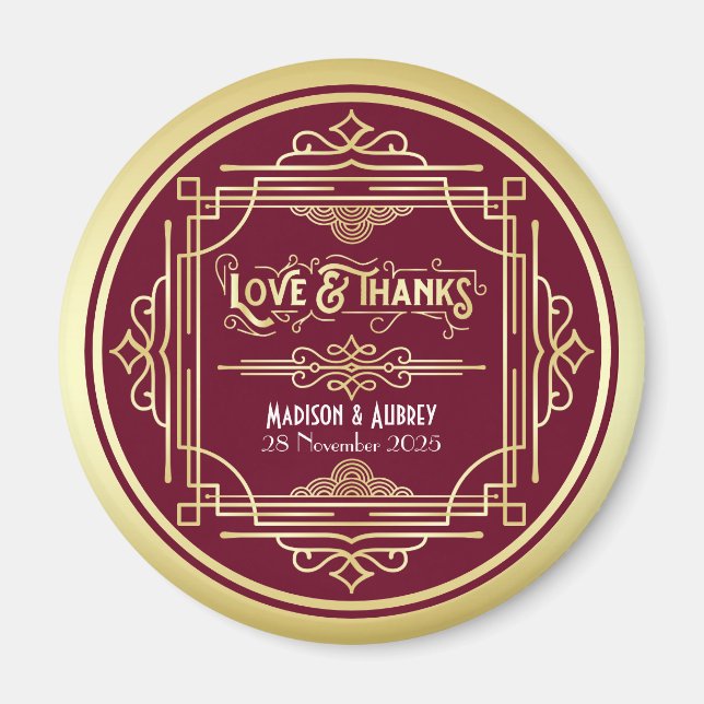 Art Deco Wedding Liebe & Dank Gold Burgundy Gefall Magnet (Vorne)