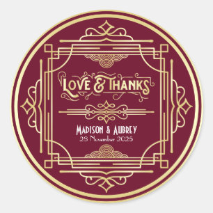 Art Deco Wedding Liebe & Dank Gold Burgundy Gefall Runder Aufkleber