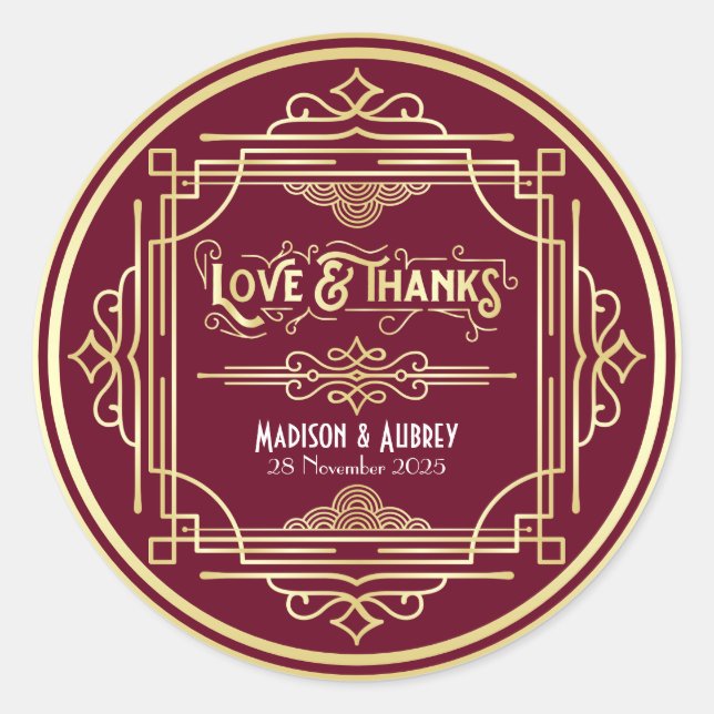 Art Deco Wedding Liebe & Dank Gold Burgundy Gefall Runder Aufkleber (Vorderseite)