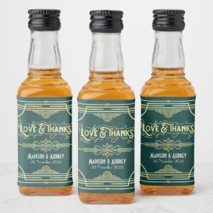 Art Deco Wedding Liebe & Dank Gold Green Gefallen Alkoholflaschenetikett