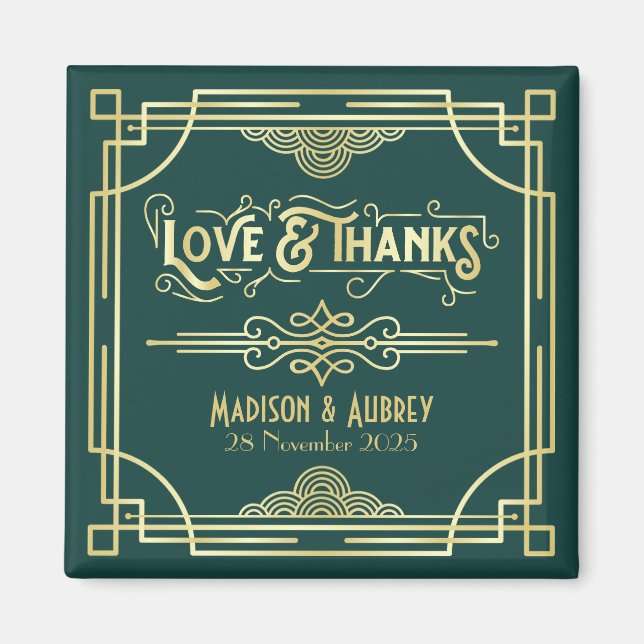 Art Deco Wedding Liebe & Dank Gold Green Gefallen Magnet (Vorne)