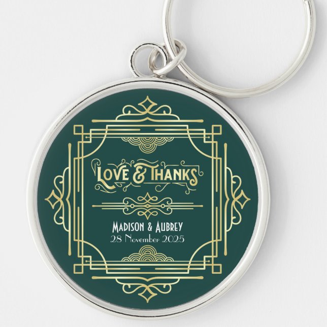Art Deco Wedding Liebe & Dank Gold Green Gefallen Schlüsselanhänger (Vorne)