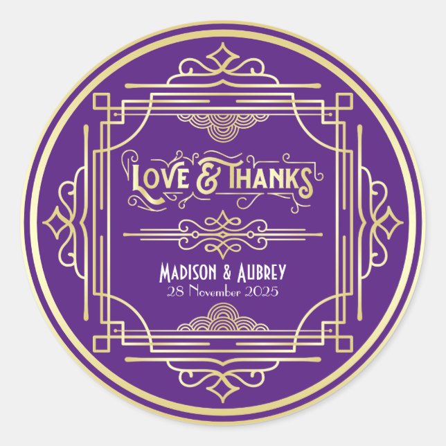 Art Deco Wedding Liebe & Dank Gold Lila Gefallen Runder Aufkleber (Vorderseite)