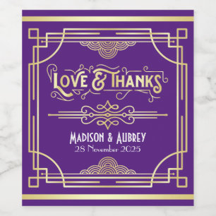 Art Deco Wedding Liebe & Dank Gold Lila Gefallen Weinetikett