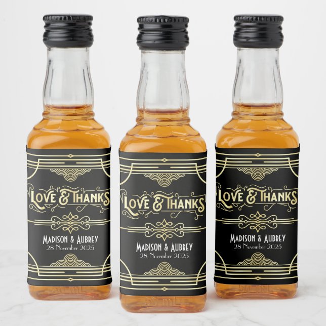 Art Deco Wedding Liebe & Danke Gold Black Fevor Alkoholflaschenetikett (Flaschen)