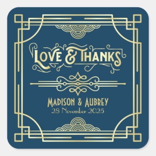 Art Deco Wedding Liebe & Danke Gold Blue Fevor Quadratischer Aufkleber