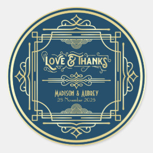 Art Deco Wedding Liebe & Danke Gold Blue Fevor Runder Aufkleber