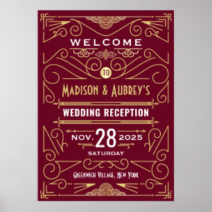 Art Deco Wedding Reception Gold Burgundy Willkomme Poster