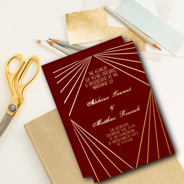 Art Deco Wedding Red und Gold Folieneinladung (Von Creator hochgeladen)