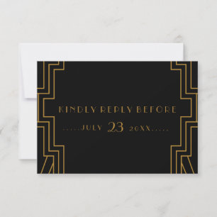 Art Deco Wedding RSVP Card Gold und Schwarz Karte