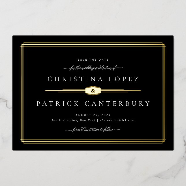 Art Deco Wedding Save the Date Foil Einladung (Vorderseite)