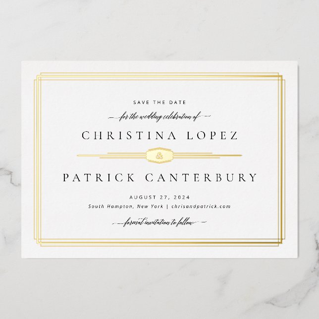 Art Deco Wedding Save the Date Foil Einladung (Vorderseite)