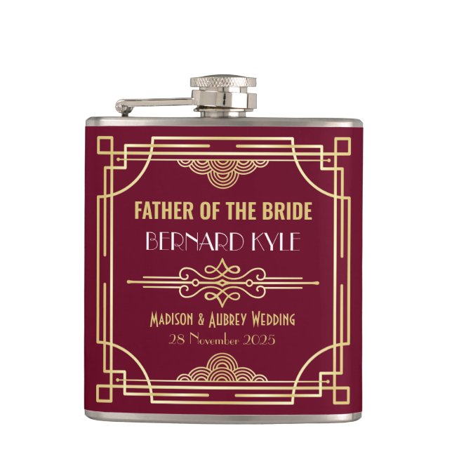 Art Deco Wedding Vater der Braut Gold Burgund Flachmann (Vorderseite)