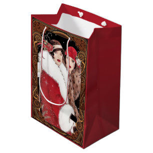 Art Deco Weihnachten Frauen in Schmuck und Pelzen Mittlere Geschenktüte