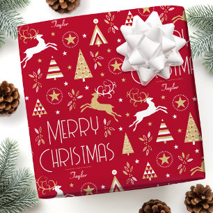 Art Deco Weihnachtsmann Rentier Individuelle Name  Geschenkpapier