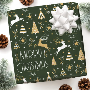 Art Deco Weihnachtsrentier Benutzername Dunkelgrün Geschenkpapier
