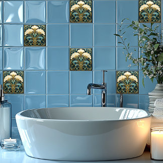 Art Deco Weiße Blume Blau Türkis Gold Fliese