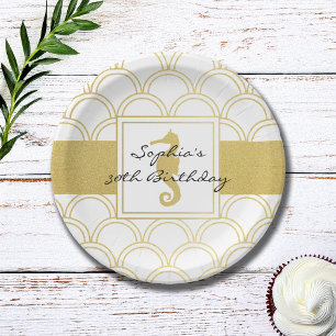 Art Deco Wellen Gold Glitter Seepferdchen Geburtst Pappteller